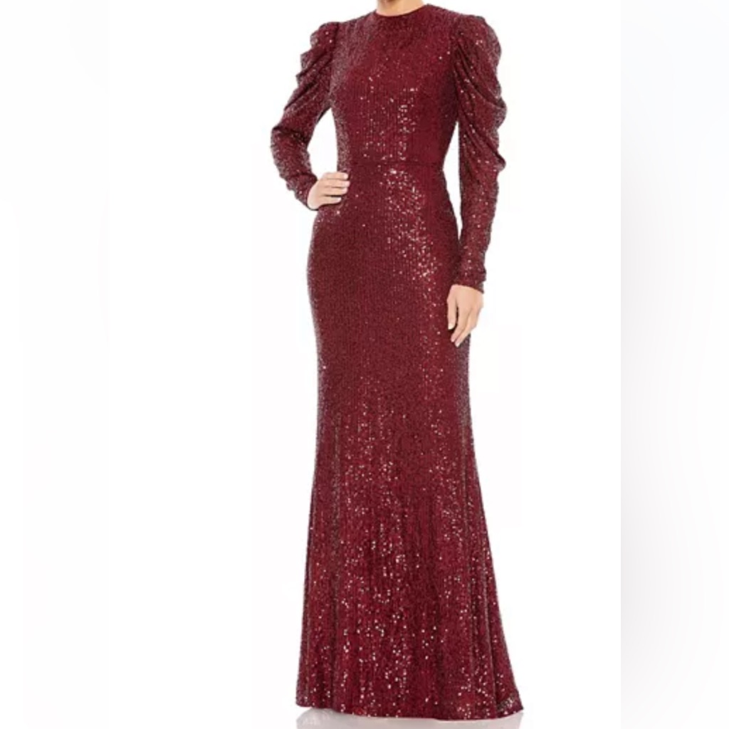 Mac Duggal Burgundy Sequined Long Sleeve Maxi Gown